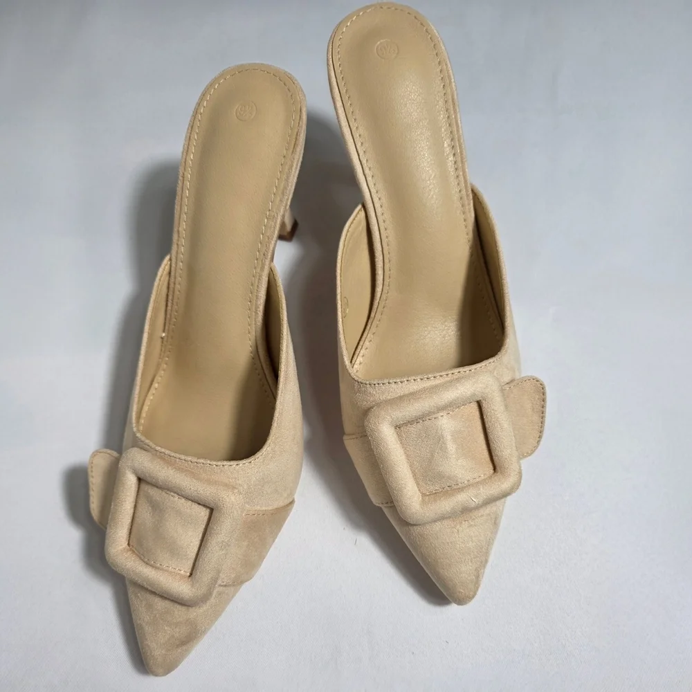 Coutgo Beige Pointed Toe Mule Heels Women Size 9.5 Kitten Heel Slip On NEW